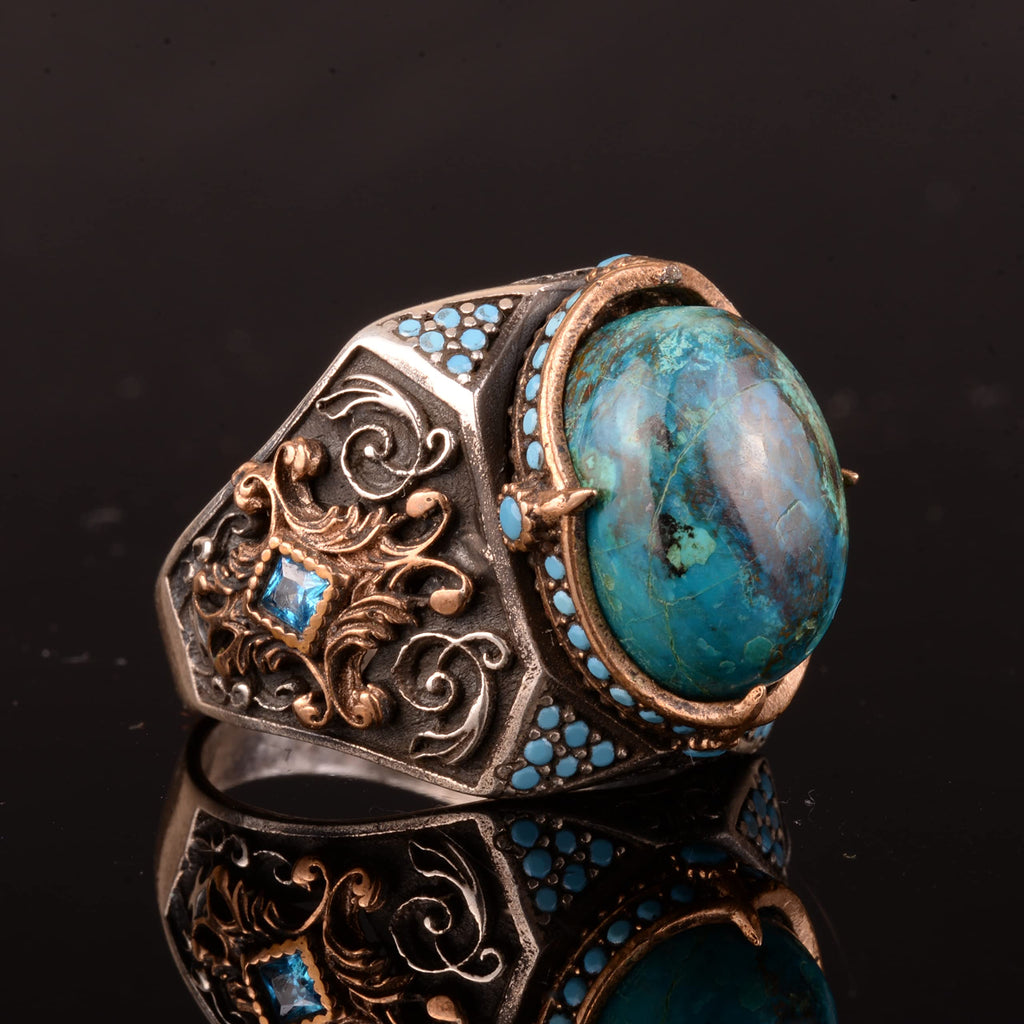 Natural Azurite Stone Ring, 925 Sterling Silver, Sultan Men's Ring — 6