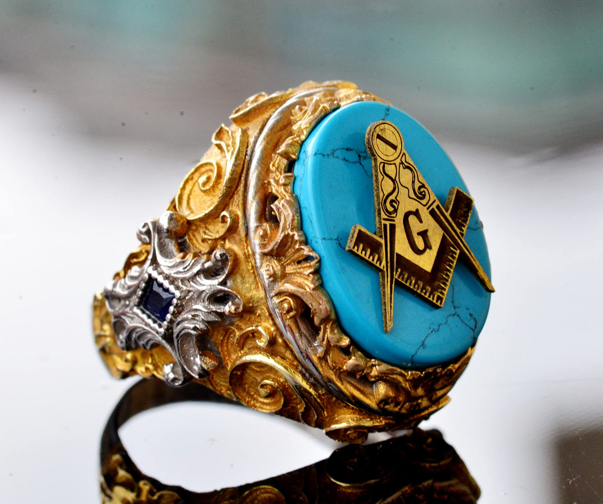 KAMBO Natural Turquoise Gemstone Men's Masonic Ring, Handcrafted 925 Sterling Silver with Intricate Signet Design, Uniqu