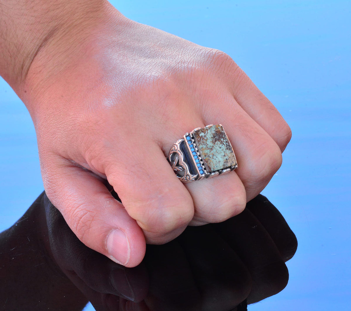 Natural Arizona Turquoise Stone Adjustable Silver Men's Ring — 7