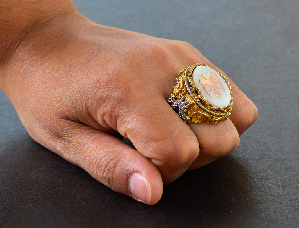 Men's Silver Ring - Pearl Stone - Ring (Double Headed Eagle) — 7