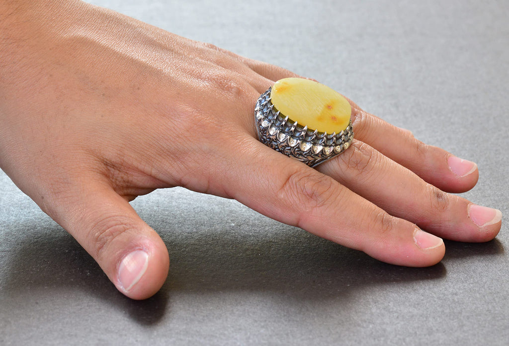 KAMBO Handmade Natural Amber Men's Ring in 925 Sterling Silver | Bold Gemstone Statement Jewelry | Vintage Inspired Desi