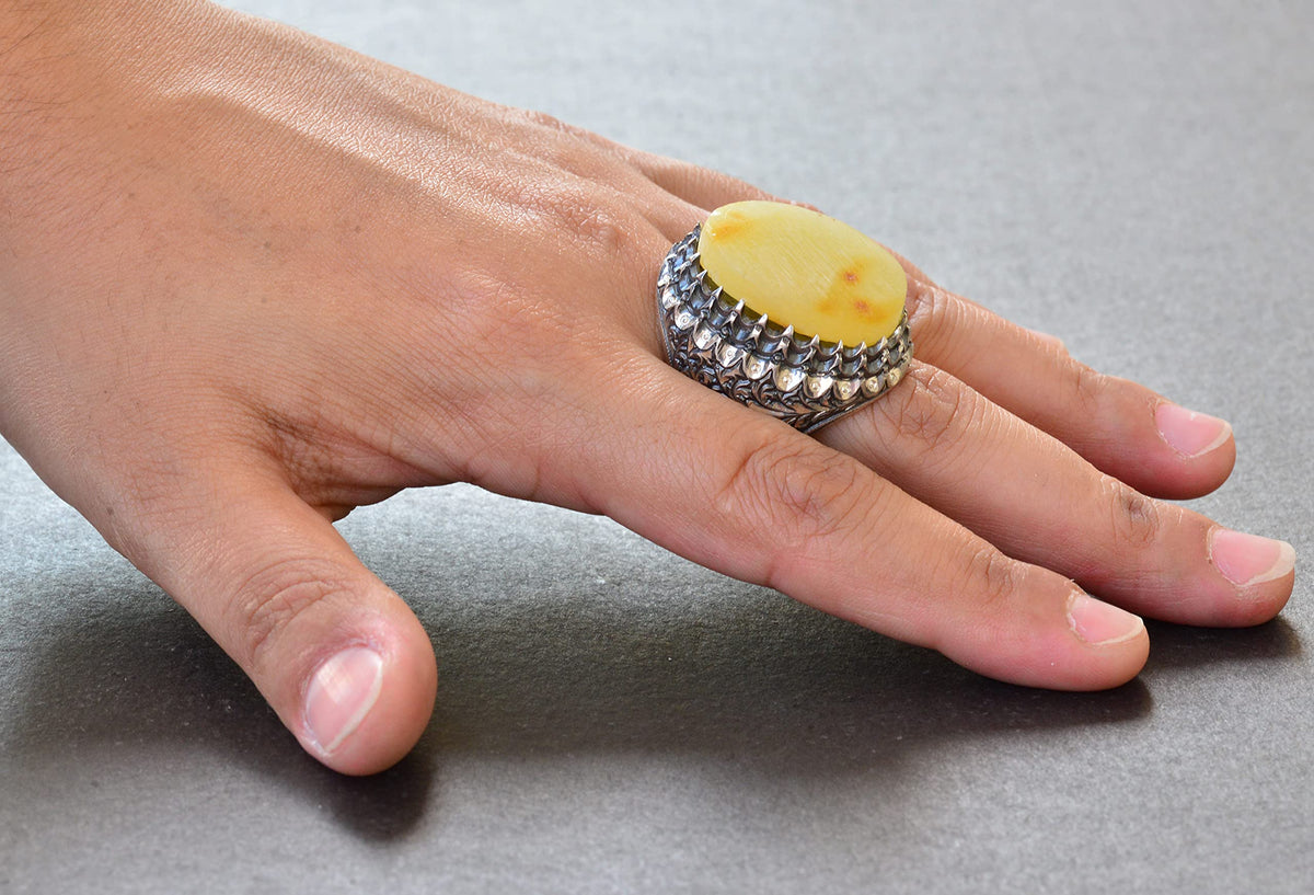 KAMBO Handmade Natural Amber Men's Ring in 925 Sterling Silver | Bold Gemstone Statement Jewelry | Vintage Inspired Desi