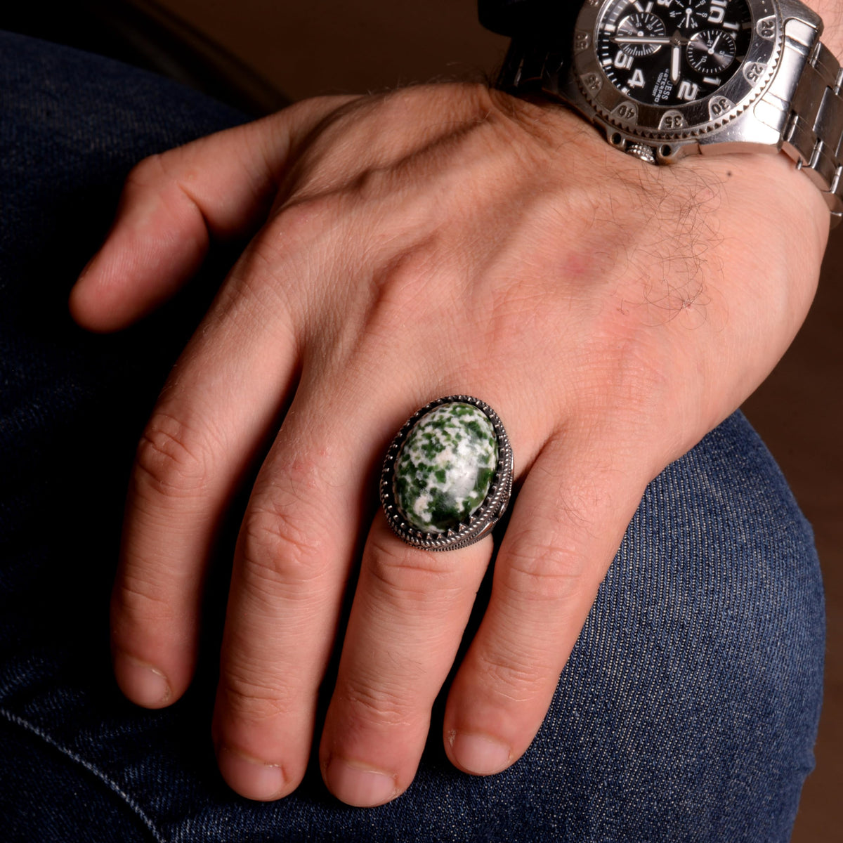 925 Sterling Silver Men's Ring, Natural Jade Ring, Oval Spotted Jade — 3