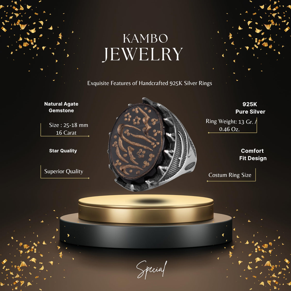 KAMBO 925 Sterling Silver Islamic Calligraphy Ring – Men's Ring with Natural Agate Stone – Handmade Ottoman Seljuk Inspired Statement Jewelry — 2