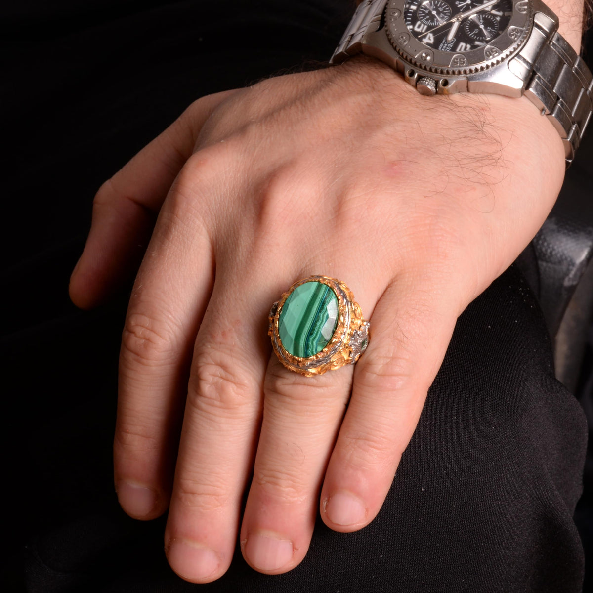 Natural Malachite Stone, 925 Sterling Silver Men's Ring — 3