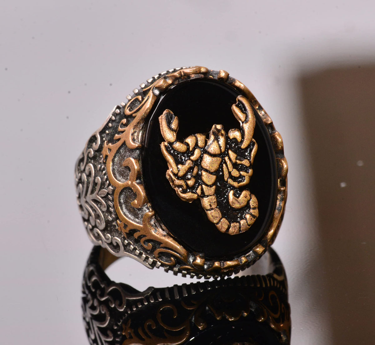Natural Obsidian Stone Ring - 925 Sterling Silver Ring - Stamp Ring (Scorpion) — 5