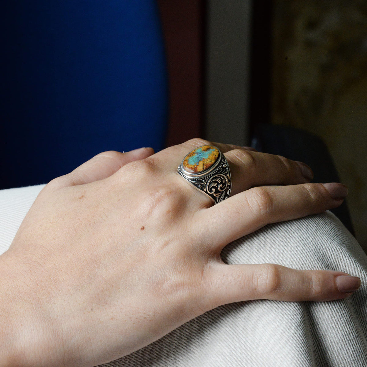 Natural Arizona Green Turquoise Stone Ring, Vintage Design - 925 Sterling Silver Men's Ring, Handmade — 6