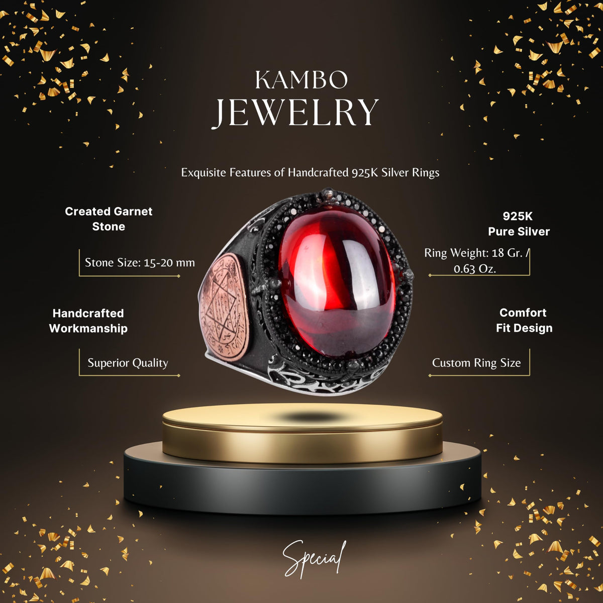 Kambo Star of David 925 Sterling Silver Solomon Ring – Cabochon Synthetic Garnet Stone — 2