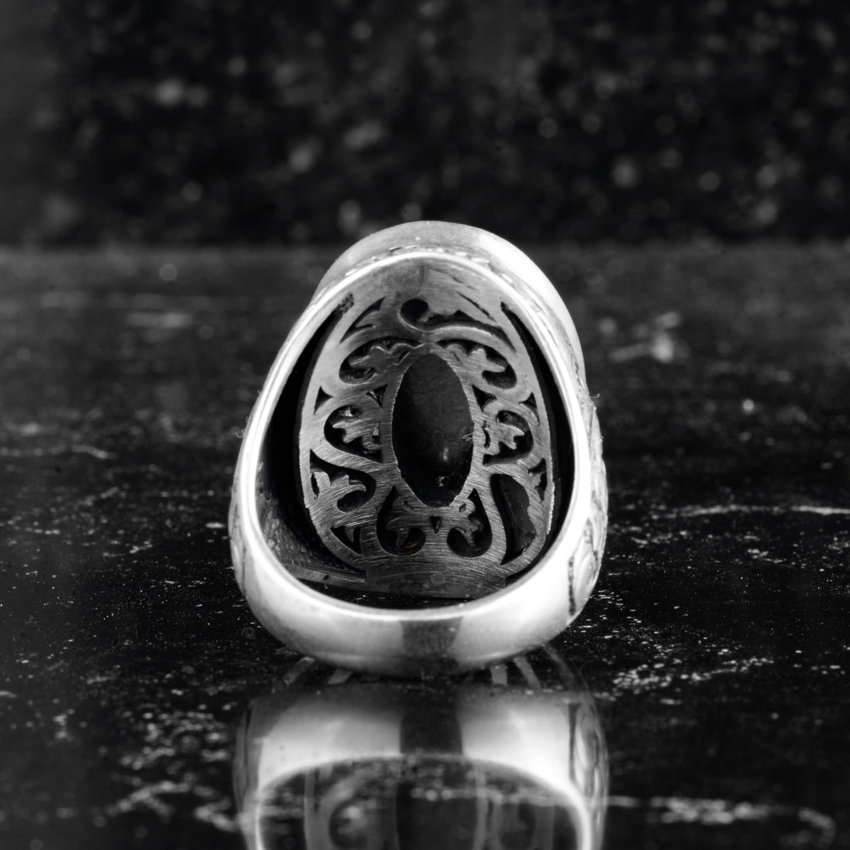 KAMBO Natural Stone Large Men's Ring - Oval Stone Vintage Floral Engraved Statement Ring - 925 Sterling Silver Handmade Men's Jewelry (Malachite) — 7