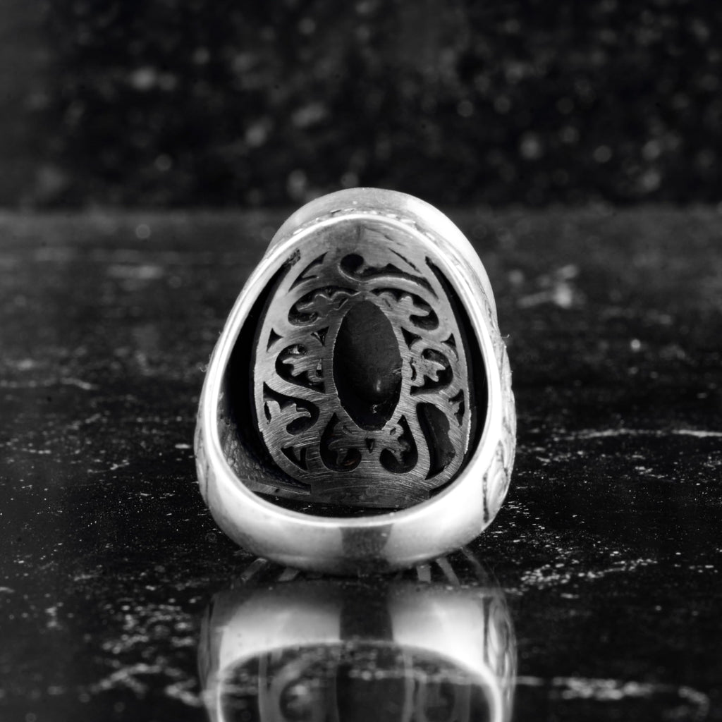 Natural Black Onyx Stone Large Men's Ring - Oval Onyx Stone Ring - 925 Sterling Silver Handmade Ottoman Floral Engraved Ring — 7