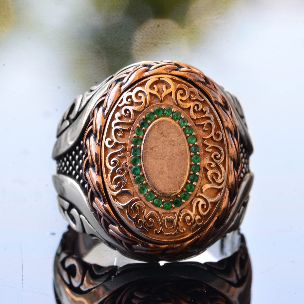 Handmade Silver Men's Ring | Copper and Green Stone Inlay | Bold and Stylish Design — 2