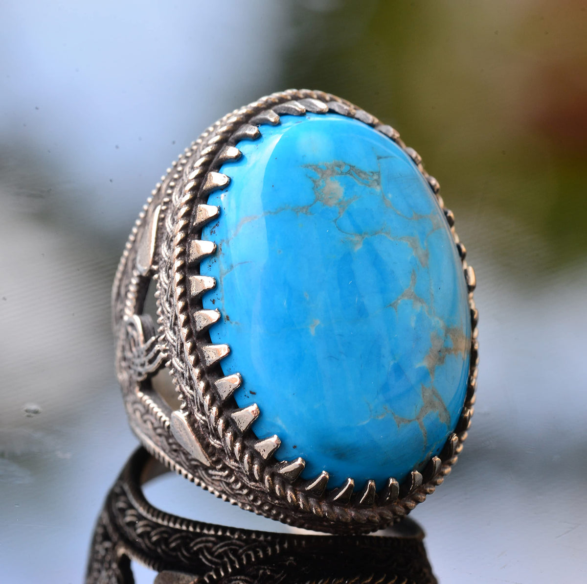 925 Sterling Silver Men's Ring, Artificial Turquoise Stone, Ottoman Ring — 3