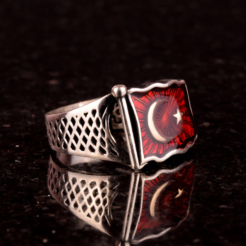 Crescent Star Flag Silver Men's Ring, Turkish Flag Motif Ring, 925 Sterling Silver Men's Ring — 4