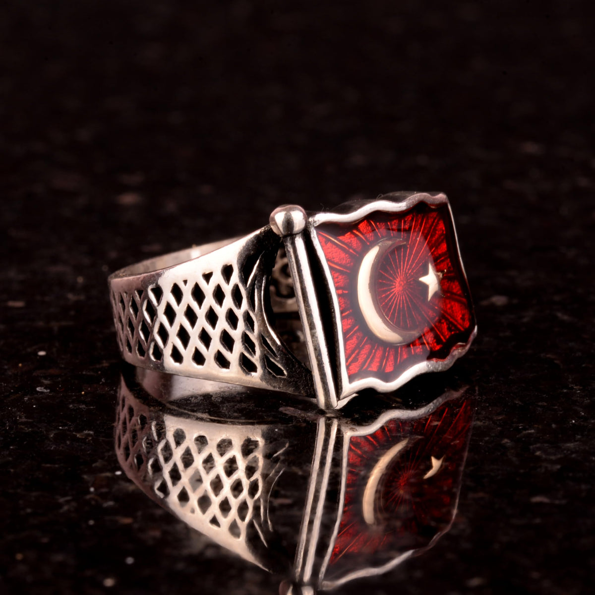 Crescent Star Flag Silver Men's Ring, Turkish Flag Motif Ring, 925 Sterling Silver Men's Ring — 4