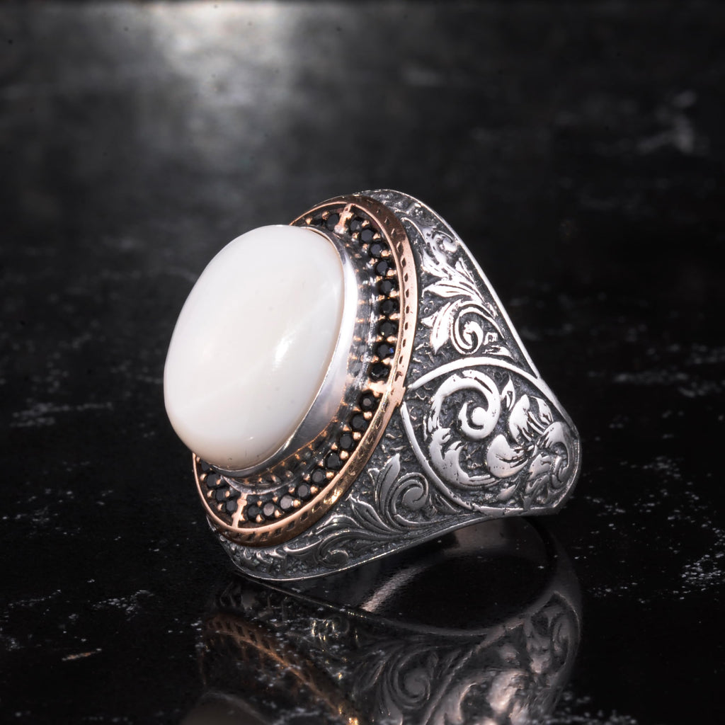 Men's Natural Stone Large Ring – Oval Stone Vintage Byzantine Engraved Statement Ring - Antique Filigree 925 Sterling Silver Jewelry (Pearl-1) — 5