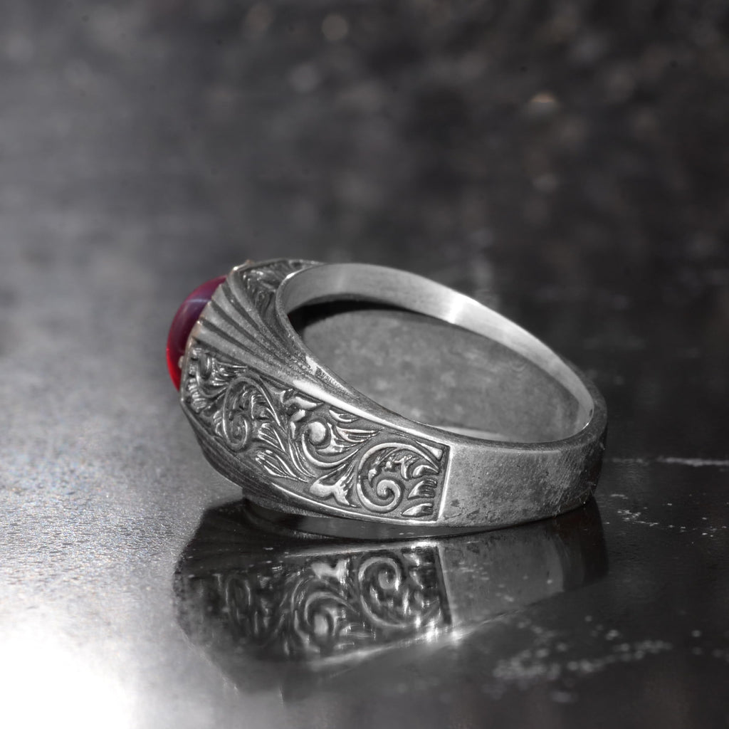 KAMBO Natural Star Ruby Stone Ring for Men 925 Sterling Silver Vintage Engraved Handmade Statement Ring Asterism Ruby — 6