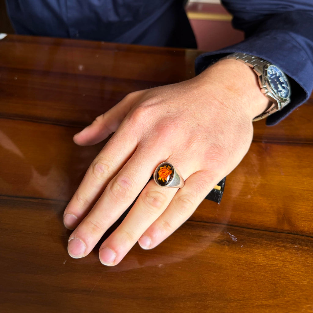 KAMBO Natural Amber Rose Carved Ring 925 Sterling Silver Men's Ring Oval Stone Handmade Vintage Flower Design — 3
