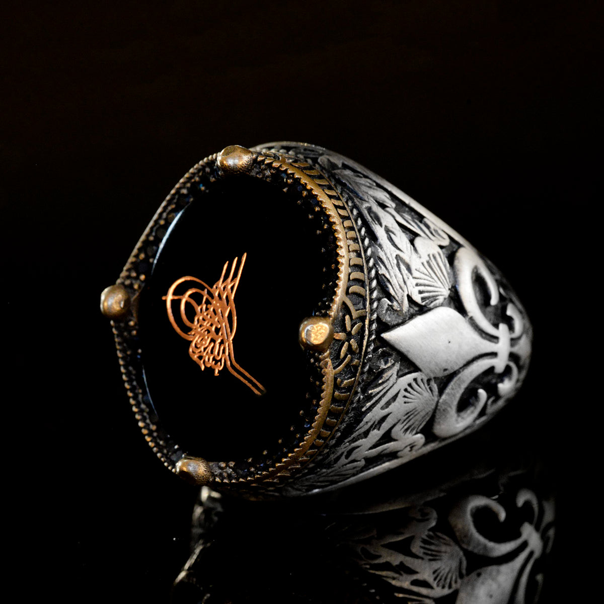 Handmade Black Onyx Stone Ring, 925 Sterling Silver Men's Ring, Turkish Tughra Design — 4