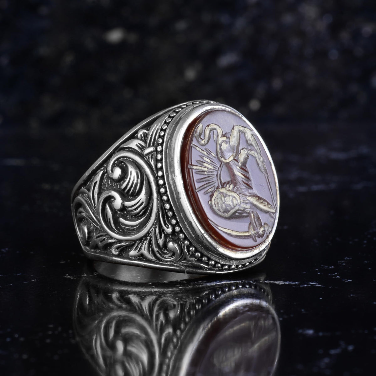 KAMBO Natural Agate Stone Men's Ring Intaglio Warrior Motif 925 Sterling Silver – Handmade Vintage Statement Seal Ring — 6