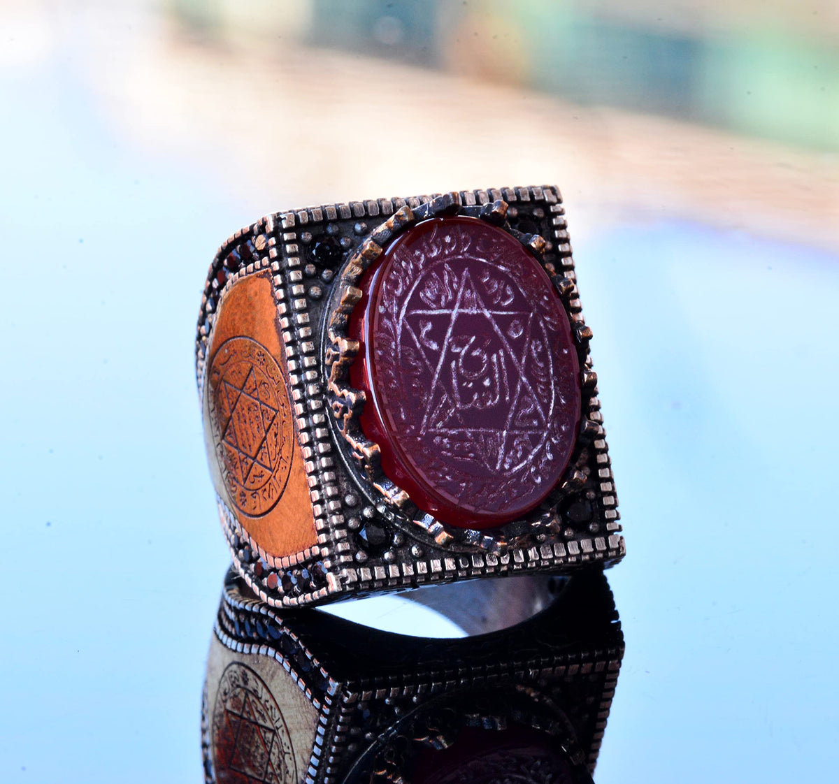 Handmade Natural Agate Stone Silver Men's Ring - Symbol of Strength and Protection (Red Agate) — 4