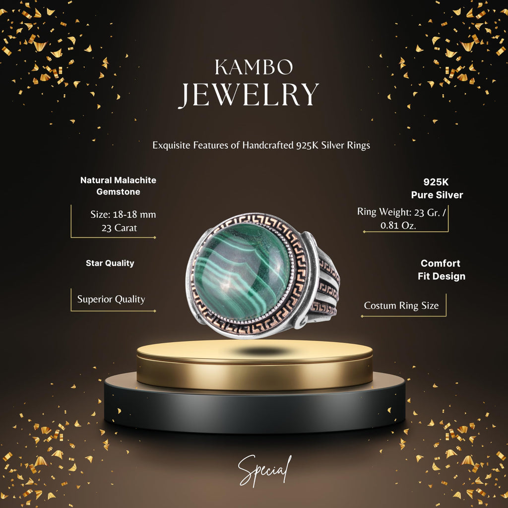 KAMBO Stone Round Men's Ring 925 Sterling Silver – Cabochon Handmade Vintage Greek Pattern Statement Ring (Malachite) — 2
