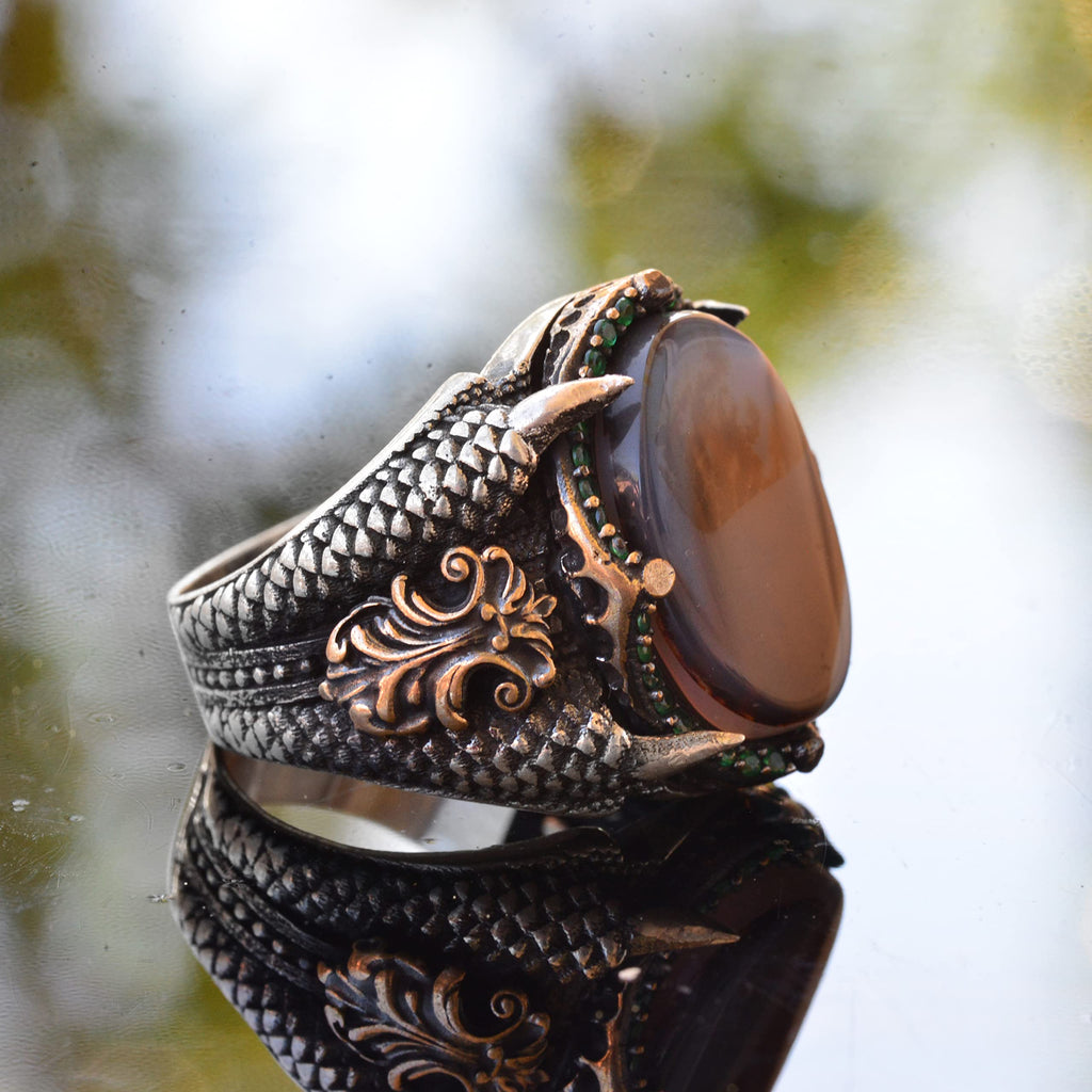 925 Sterling Silver Men's Ring, Handmade Vintage Style Silver Ring with Natural Agate Stone — 4