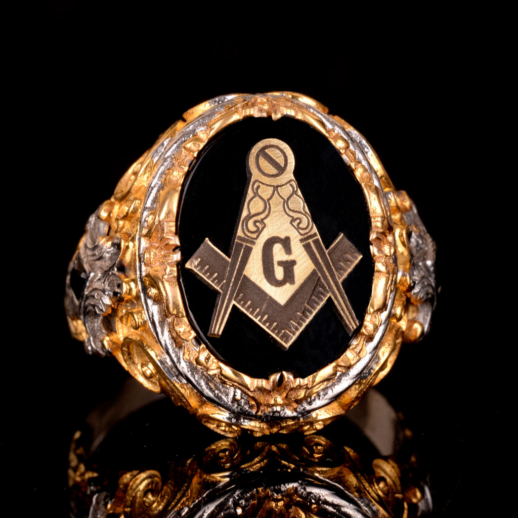 KAMBO Handmade Onyx Ring for Men, 925 Sterling Silver Gold Plated King Style Masonic Design, Vintage Statement Jewelry, 