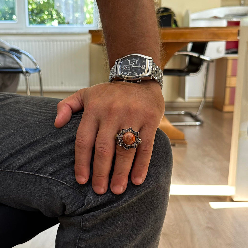 Silver Agate Stone Ring, Natural Red Agate Men's Ring, Vintage Star Design — 6