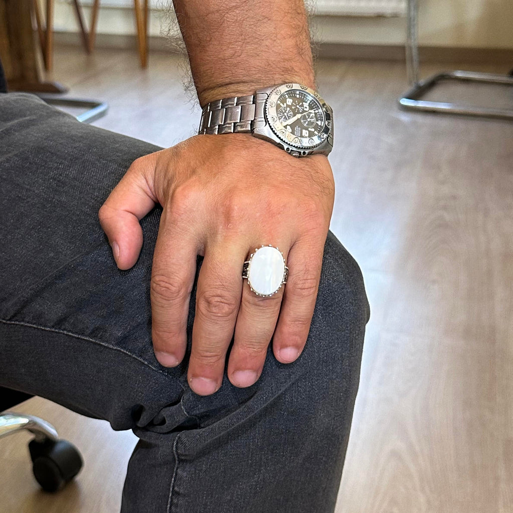 Natural Oyster Shell Stone Ring - 925 Sterling Silver Handmade Ring — 3
