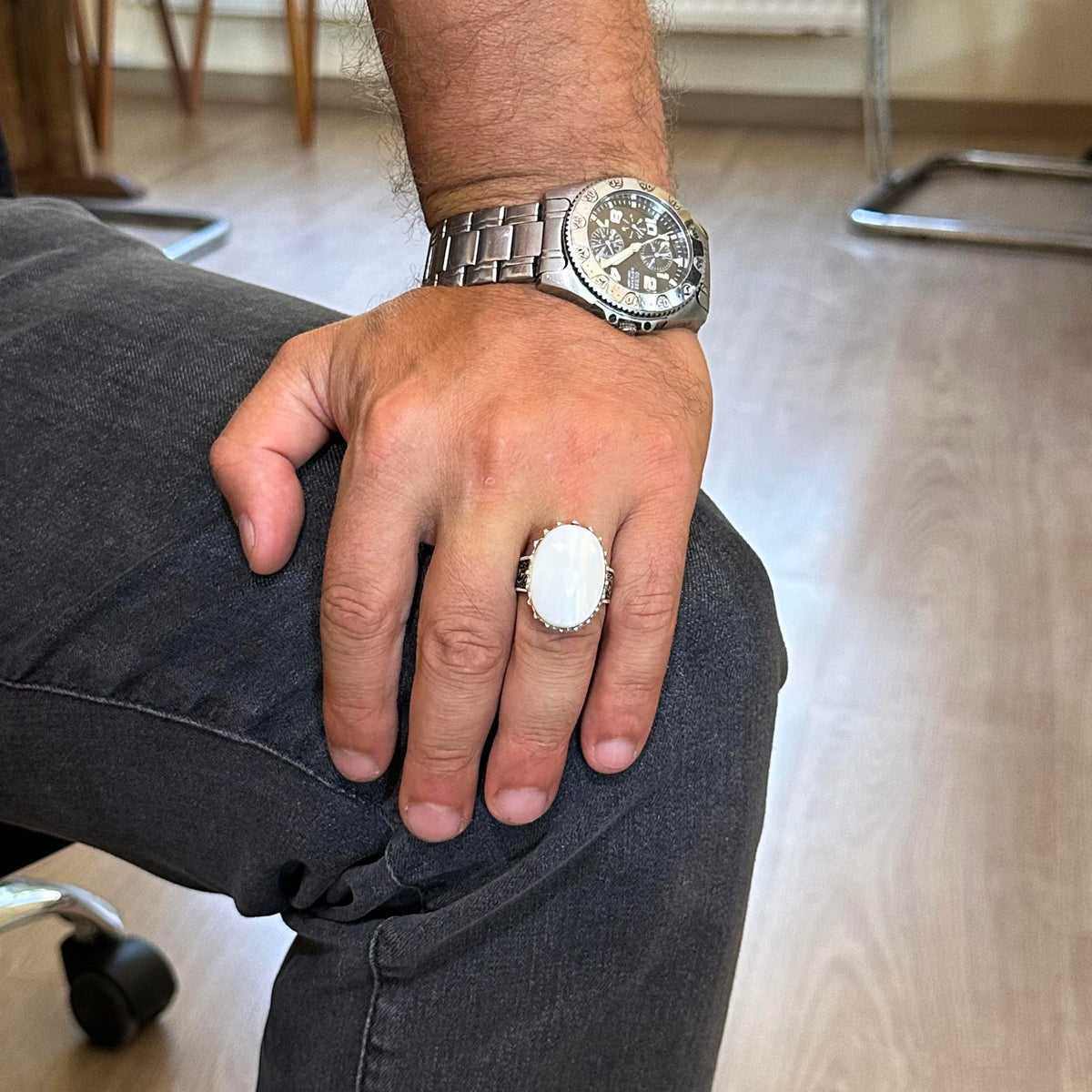 Natural Oyster Shell Stone Ring - 925 Sterling Silver Handmade Ring — 3