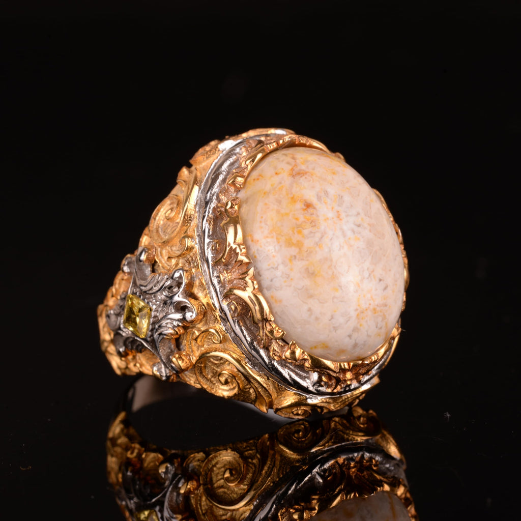 Natural Coral Stone Ring, 925 Sterling Silver (Model-2) — 6