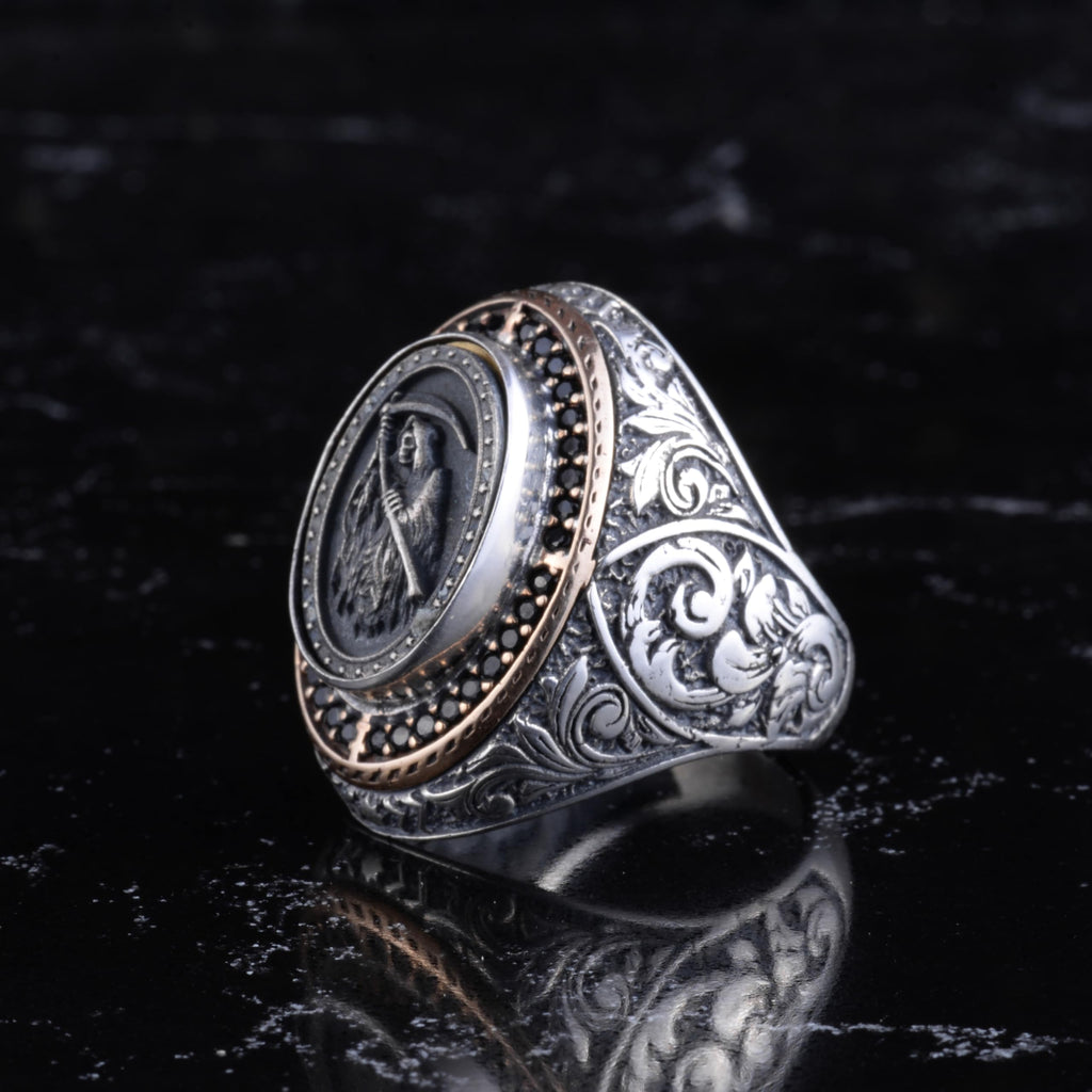 KAMBO Handmade 925 Sterling Silver Grim Reaper Motif Statement Ring for Men, Vintage Byzantine Engraved Religious Design