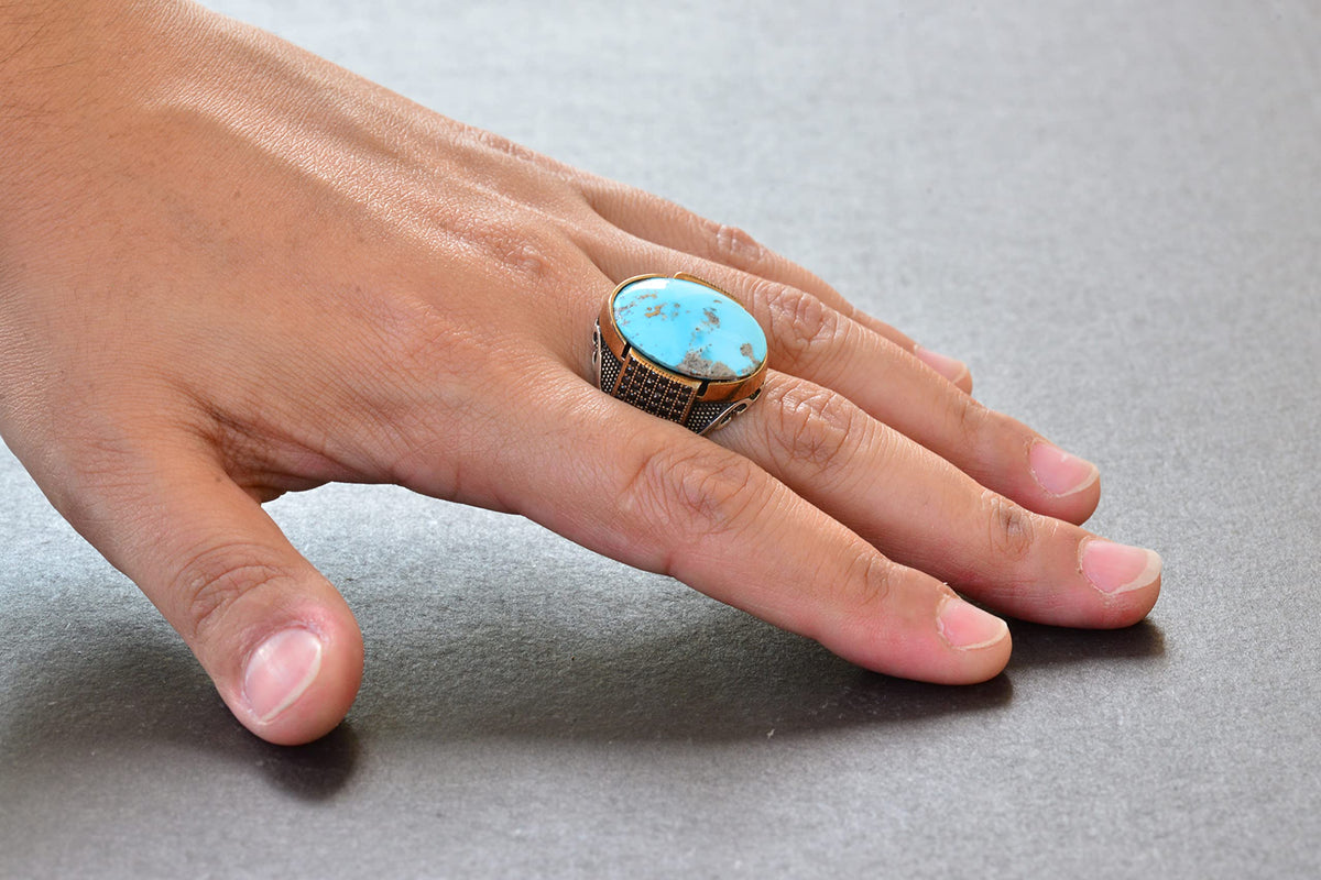 Natural Arizona Turquoise Stone Silver Men's Ring — 5