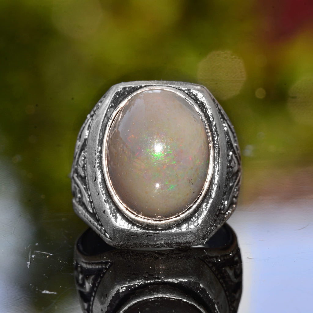 925 Sterling Silver Men's Ring, Natural Australian Opal, Vintage Design — 3