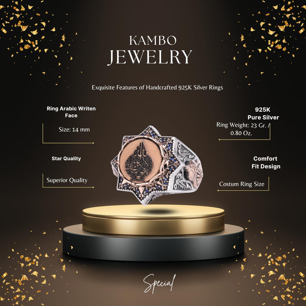 KAMBO 925 Sterling Silver Arabic Calligraphy Star Shaped Large Men's Ring Bronze Details Religious Spiritual Statement Ring (Kalima Shahada) — 2