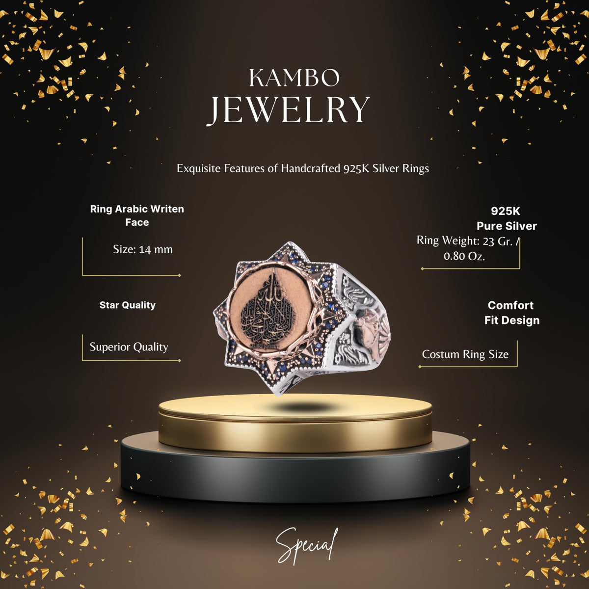 KAMBO 925 Sterling Silver Arabic Calligraphy Star Shaped Large Men's Ring Bronze Details Religious Spiritual Statement Ring (Kalima Shahada) — 2