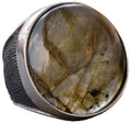 Natural Labradorite Round Stone Ring - 925 Sterling Silver Men's Big Ring