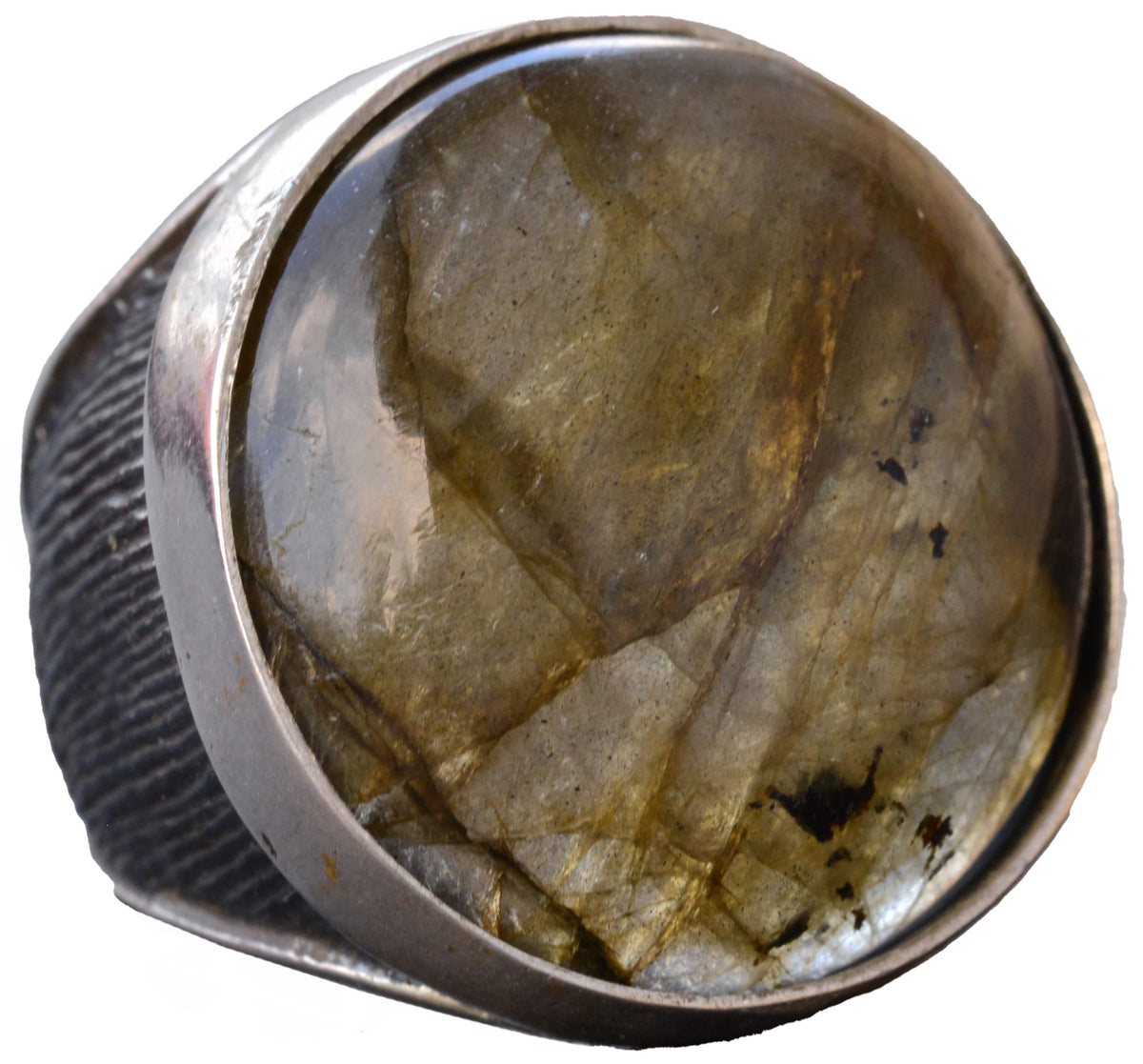 Natural Labradorite Round Stone Ring - 925 Sterling Silver Men's Big Ring
