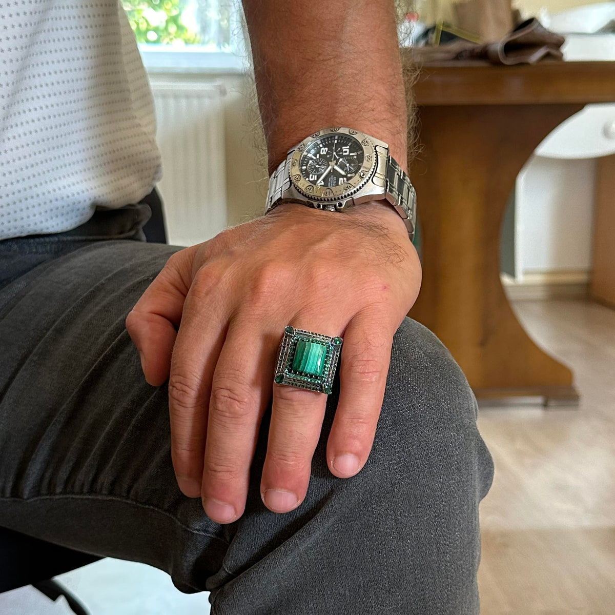 925 Sterling Silver Men's Ring - Natural Malachite Stone, Luxurious and Unique Design — 3