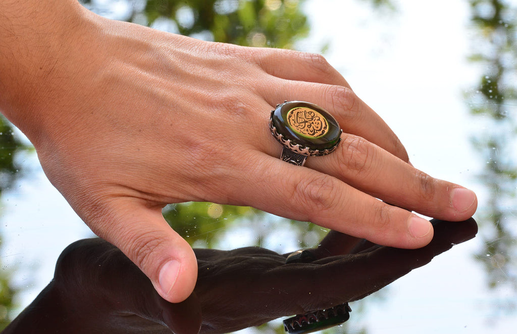 Handcrafted Green Stone Ring, 925 Sterling Silver Islamic Men's Ring — 6