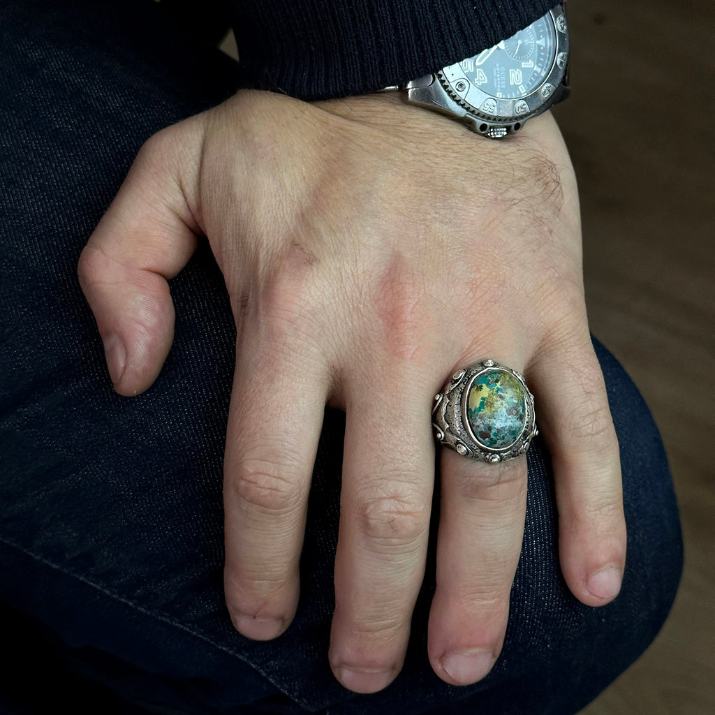 KAMBO Handmade Natural Arizona Turquoise Men's Ring in 925 Sterling Silver - Vintage Style-1 Statement Jewelry, Birthday