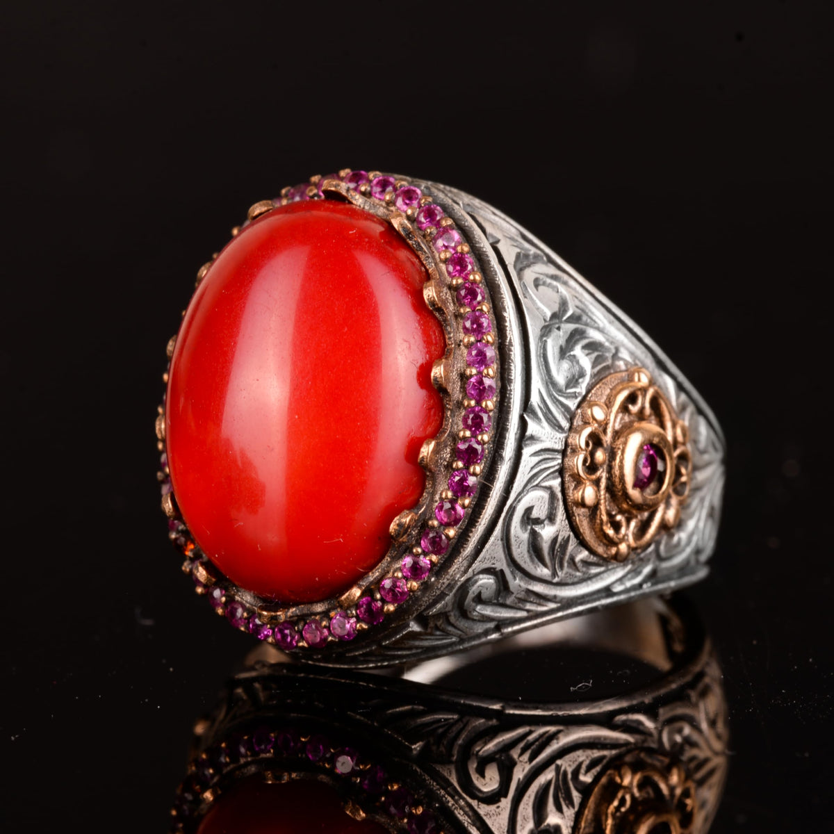 Natural Coral Stone Ring - 925 Sterling Silver — 5