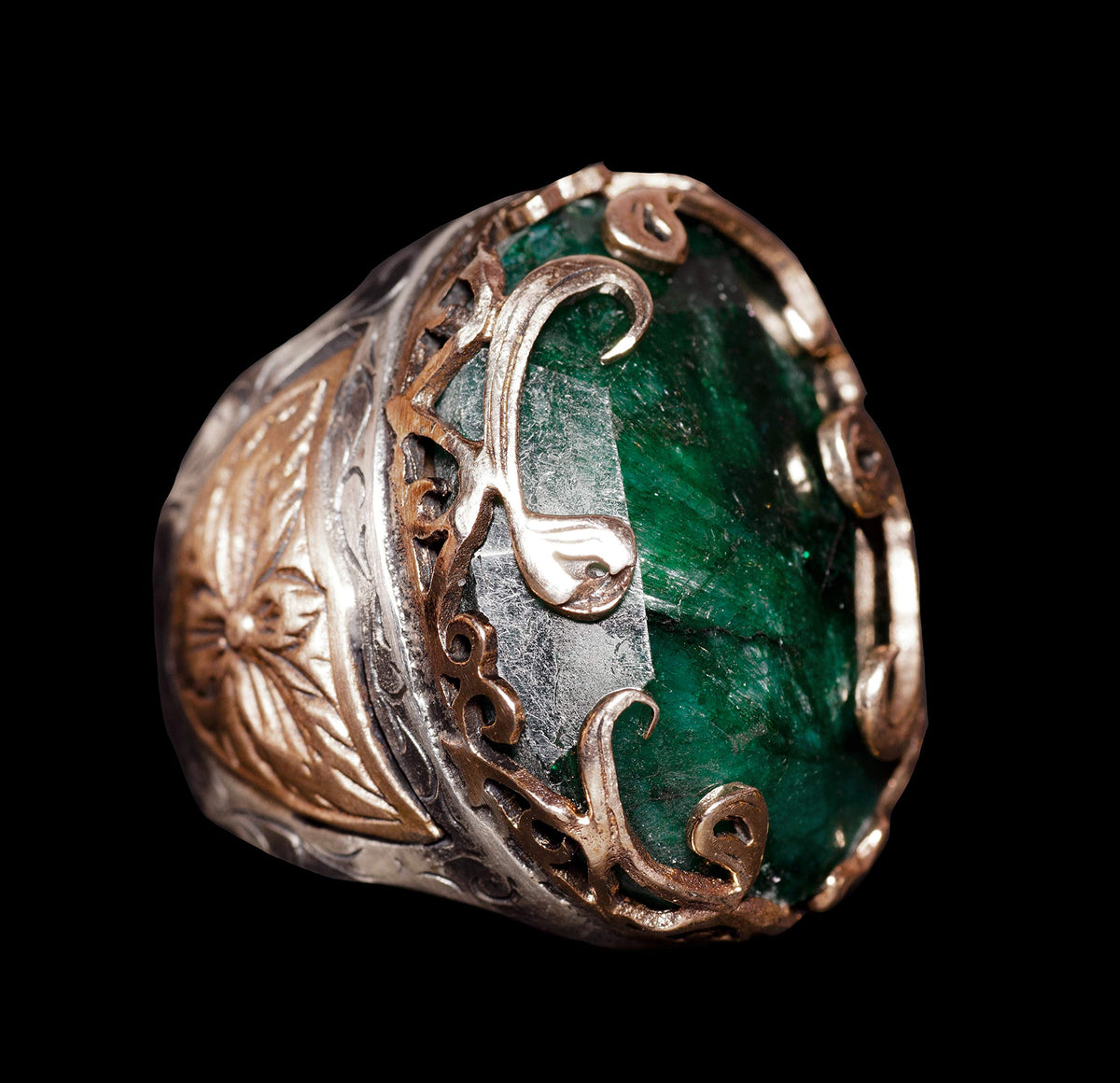 925 Sterling Silver Men's Ring - Steel Pen Work with Unnatural Emerald Stone - Handmade Design — 3