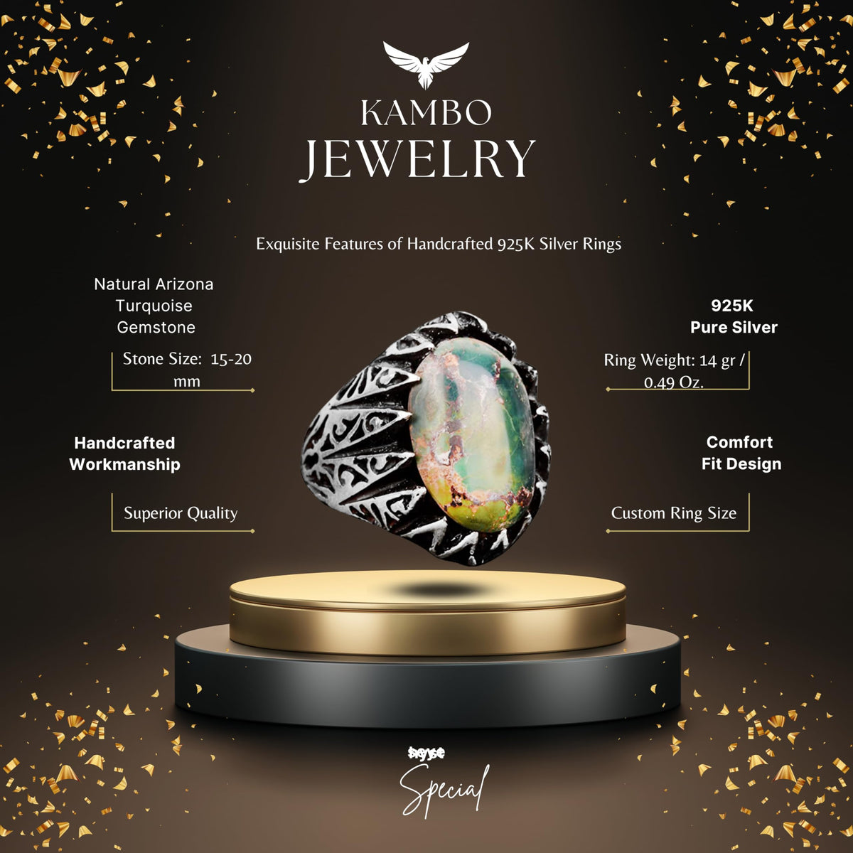 KAMBO Genuine Real Natural Arizona Turquoise Stone Men's Ring, Unique Ring, 925 Sterling Silver Ring — 2