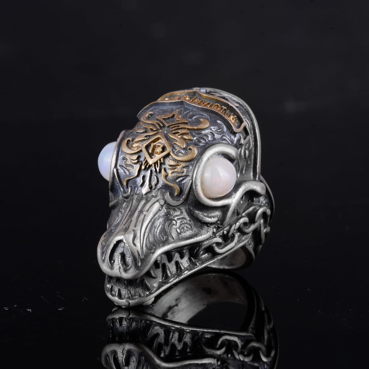 KAMBO 925 Sterling Silver Gold Plated Natural Stone Men's Dragon Ring – Large Statement Ring (Opal) — 5