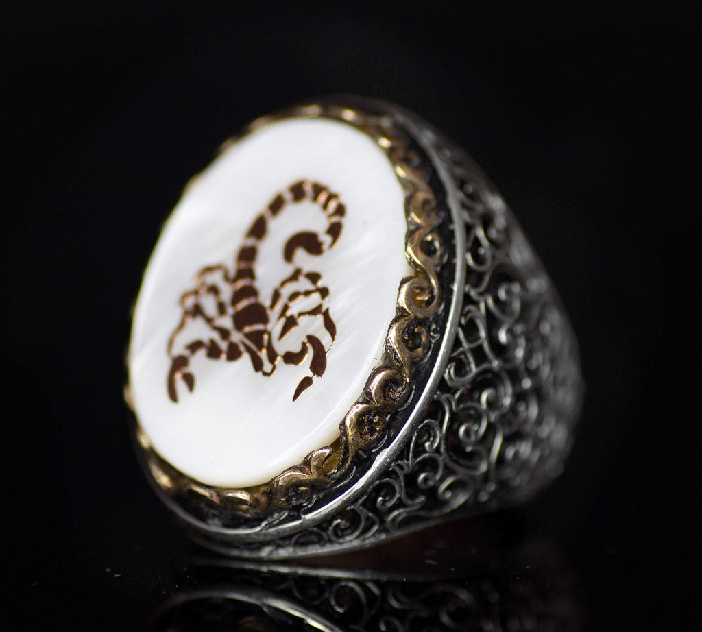 Noble and Symbolic Men's 925 Sterling Silver Ring - Decorated with Scorpio Symbol and Natural Stones — 2