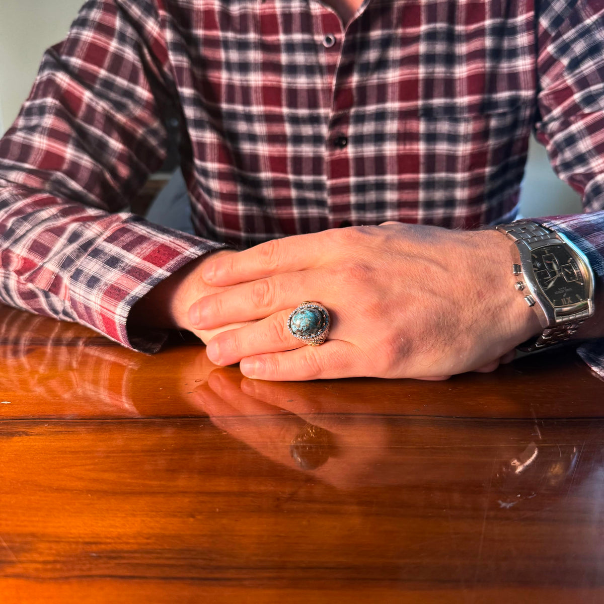 KAMBO Authentic Arizona Turquoise Stone Men's Ring - Natural Stone Handmade 925 Sterling Silver Ring (B) — 3