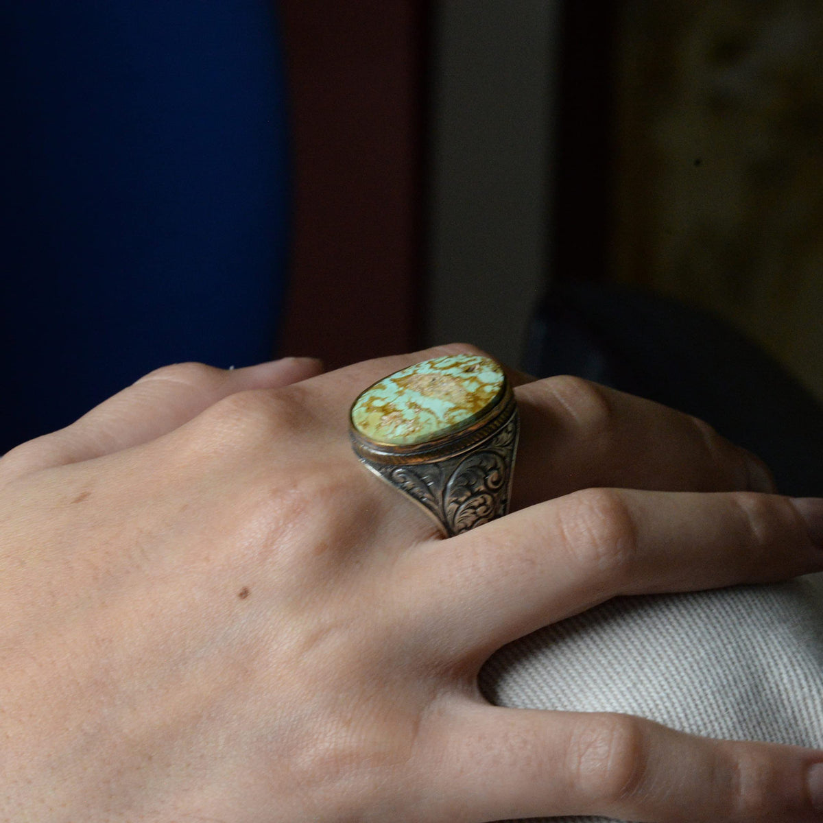 Natural Turquoise Stone Ring - Large Men's Ring - 925 Sterling Silver Ring — 7