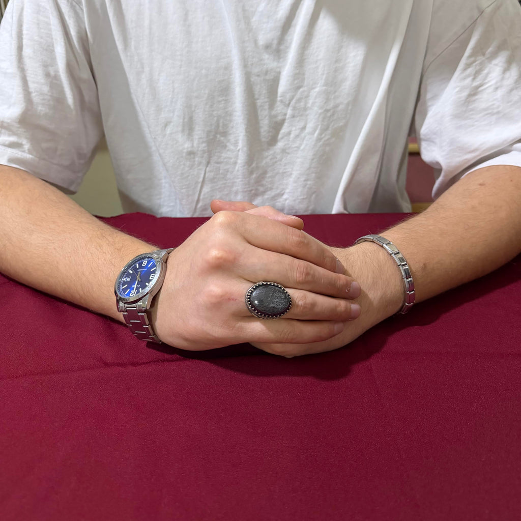 KAMBO Natural Hematite Stone Ring – 925 Sterling Silver Ottoman Tugra Design – Islamic Men's Statement Ring (Ayat al Kursi Quran Verse) — 3