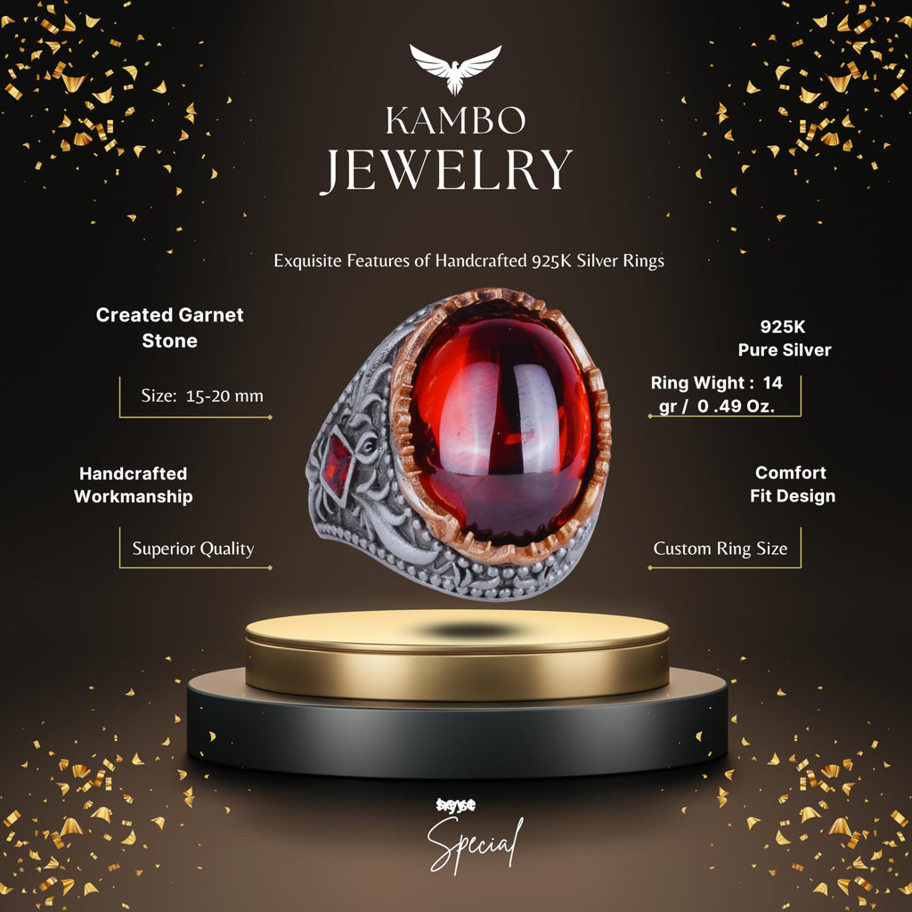 Synthetic Stone Ring - Handmade Men's Ring - Stylish 925 Sterling Silver Men's Jewelry (Cabochon Garnet) — 2